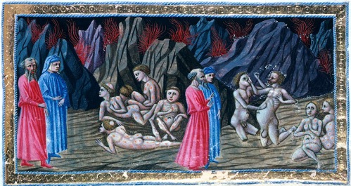 Inferno: Canto XXX by Priamo della Querci (c.1400-1467) ~ surely the potbellied man in the scene on the right is Dante's Master Adam
